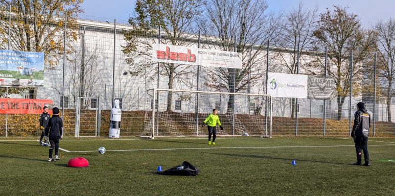 Fußballtraining auf einem Rasenplatz mit mehreren Spielern und Torwart.